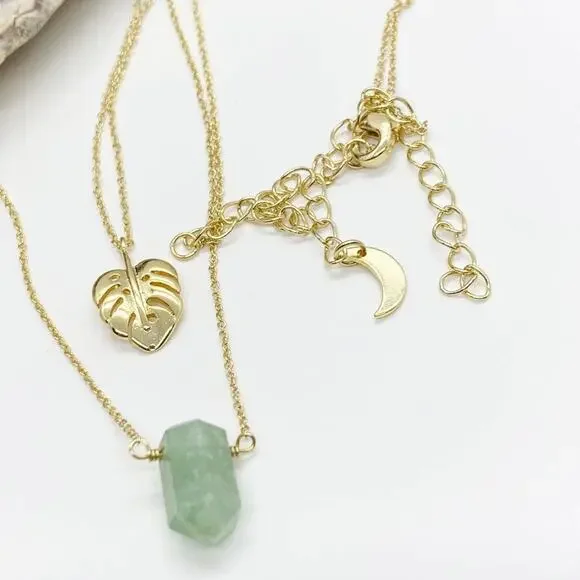 NEW Free People x Luna Norte Green Aventurine & Leaf Layer Necklace - Picture 14 of 15